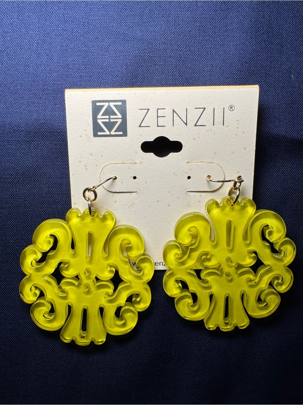Zenzii Bright Green/Yellow Scrollwork Acrylic Dangle Earrings